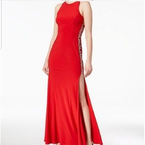 XSCAPE SEXY DOUBLE SLIT BLACK LONG FORMAL PROM DRESS WITH RHINESTONES DE…